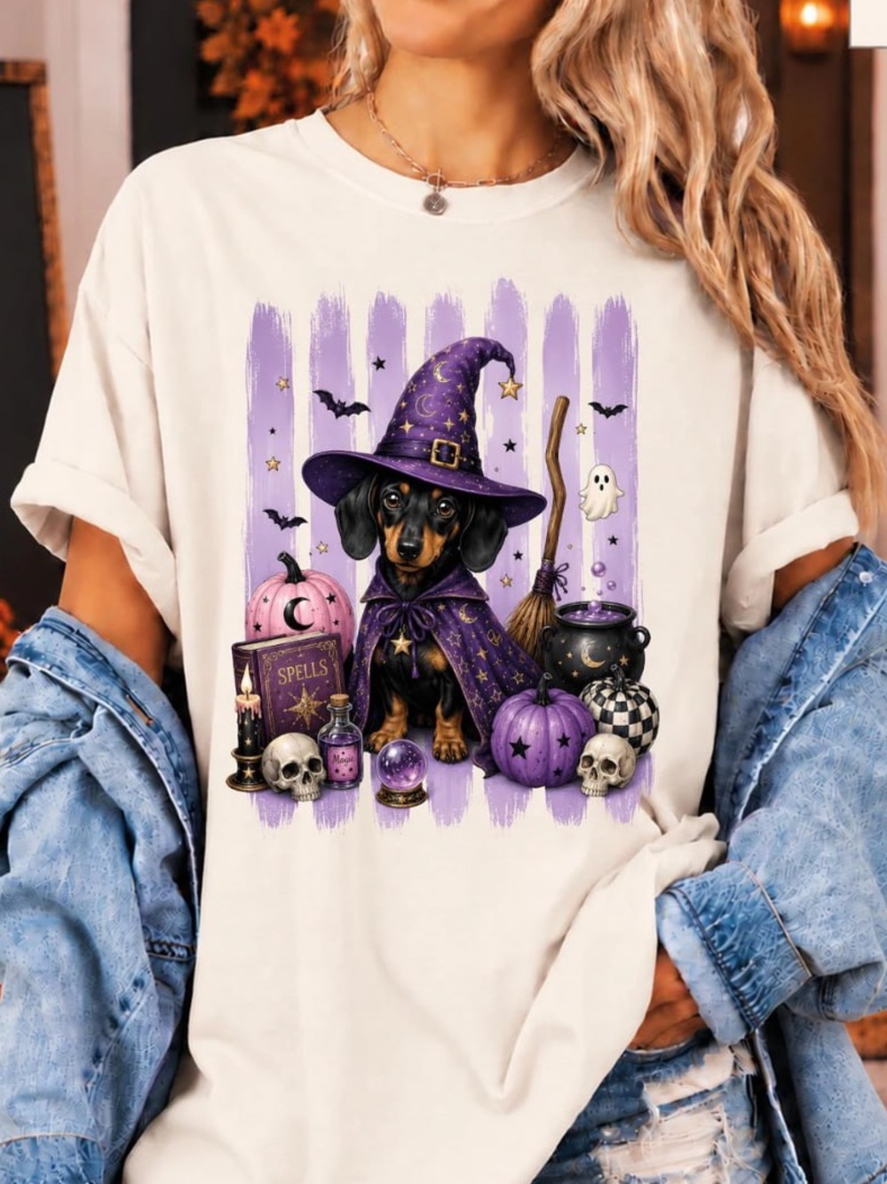 Halloween Dachshund Witch Graphic Tee - Off White